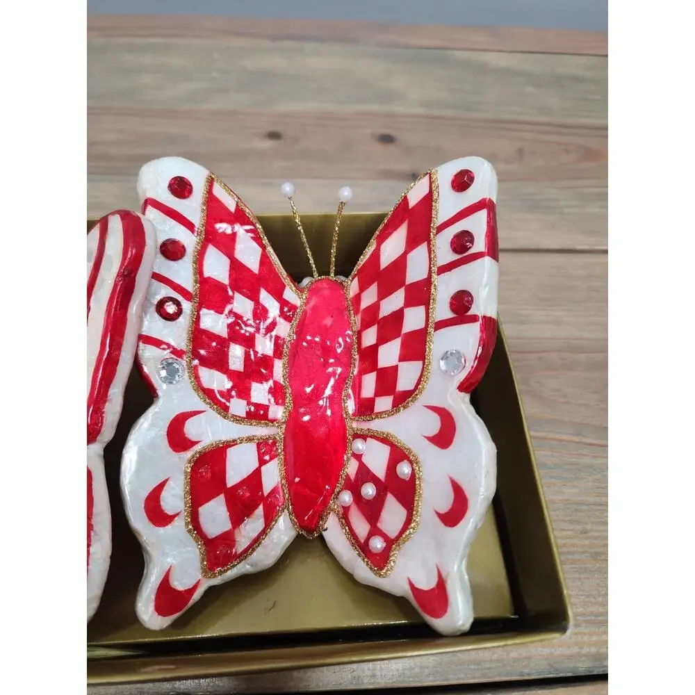 MacKenzie Childs Pink & Red Rosy Check Butterfly Wall Hanging Decoration Set